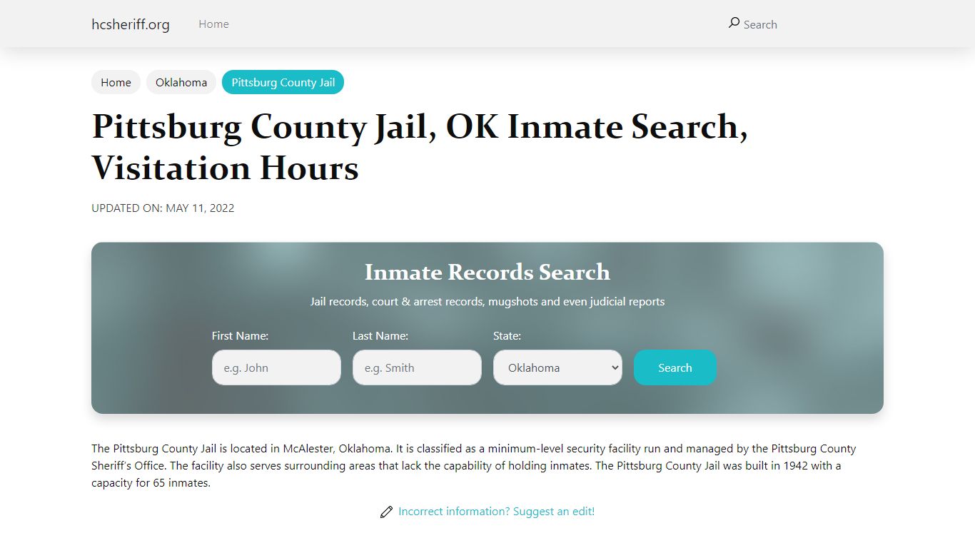 Pittsburg County Jail, OK Inmate Search, Visitation Hours